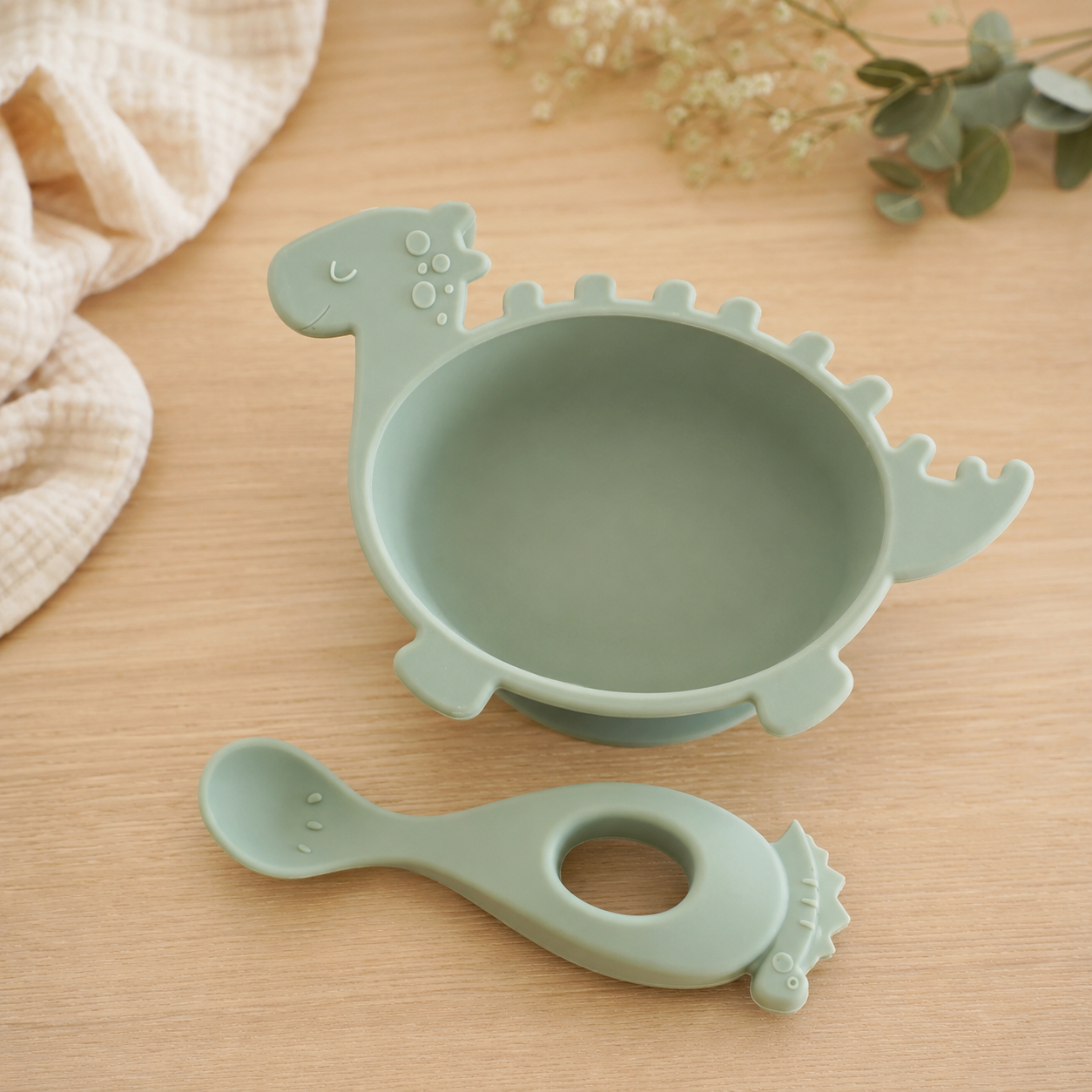 Set Plato y Cuchara de Silicona Dino The Baby Nation