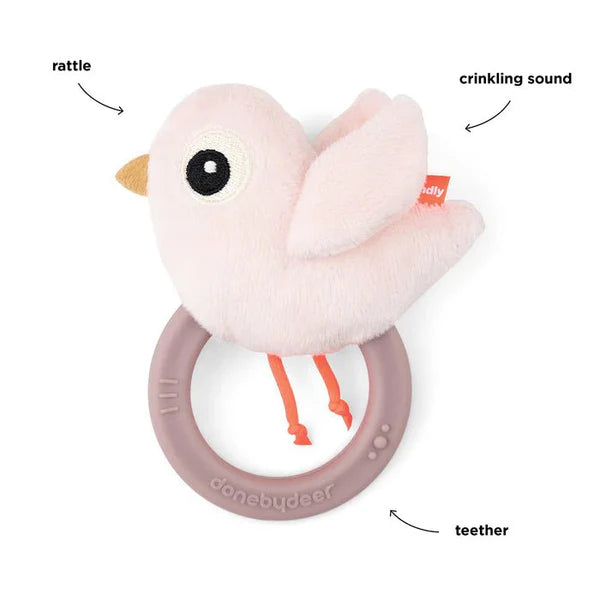 Sonajero sensorial con mordedor Birdee Rosa Done By Deer
