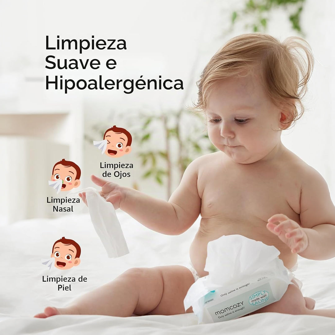Toallitas húmedas con solución salina 100% Biodegradables para cara y nariz Momcozy