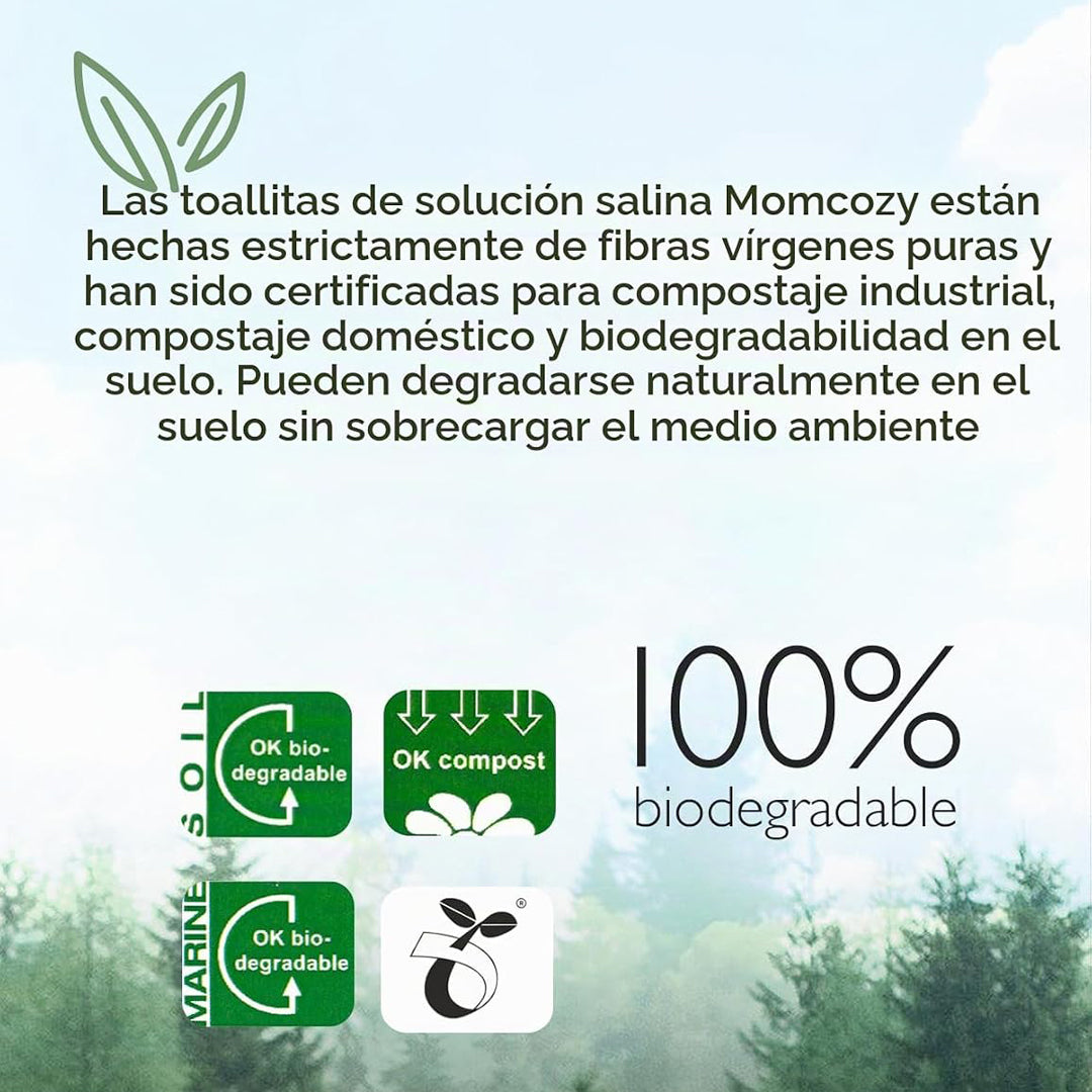 Toallitas húmedas con solución salina 100% Biodegradables para cara y nariz Momcozy