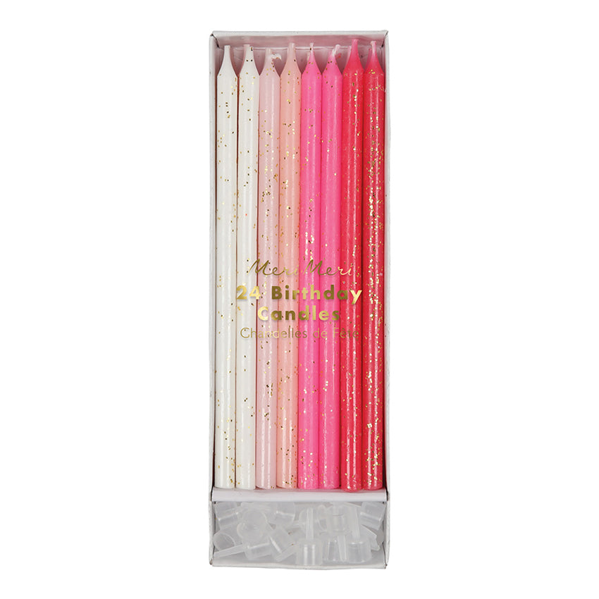 Velas largas rosadas con glitter Meri Meri